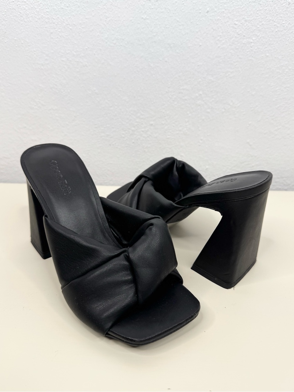 Open Edit Saydee Mule Heels Womens Size 5 Black Puffy Twist Knot Block Heel